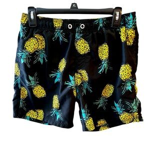 Black Swim Shorts with Yellow & Green Pineapple Print by Maamgic.  Size = Medium
